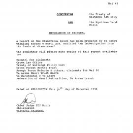 Wai 46_INQ_2.18 Memo of Tribunal - Report prepared by Te Roopu Whakaemi Korero 16 Dec 1992