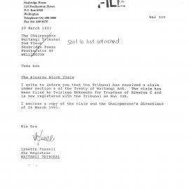 Wai 46_INQ_2.20_Letter by Lynette Russell RE Hiwarau Block 19 March 1993