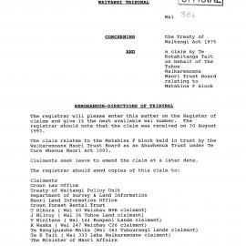 Wai 46_INQ_2.24 (c)_Memo - Directions of Tribunal RE Claim by Te Kotahitanga Tait - Matahina F Block