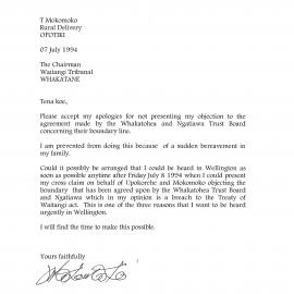 Wai 46_INQ_2.42 (a)_Letter by T Mokomoko Objection to Boundary Line 7 July 1994