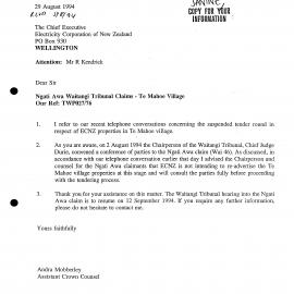 Wai 46_INQ_2.53_Letter RE Ngati Awa Tribunal Claims - Te Mahoe Village