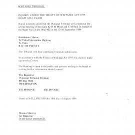 Wai 46_INQ_2.54 (a)_Notice by Waitangi Tribunal will commence 2nd hearing 30 Aug 1994