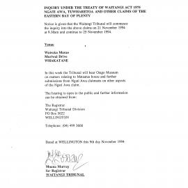 Wai 46_INQ_2.57_Notice that Tribunal will commence inquiry into EBOP Claims 25 Nov 1994