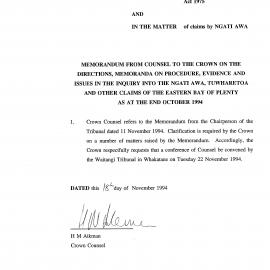 Wai 46_INQ_2.62_Memo from Counsel to The Crown on the Directions RE Ngati Awa, Tuwharetoa & other EBOP Claims Oct 1994