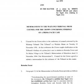 Wai 46_INQ_2.67_Memo to Waitangi Tribunal from Counsel for The Crown RE Findings of a Prima Facie Case