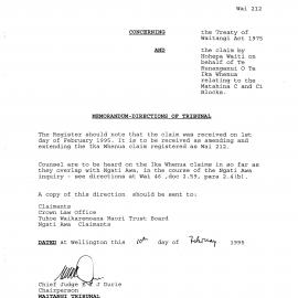 Wai 46_INQ_2.70_Memo Directions of Tribunal RE Te Runanganui o Te Ika Whenua relating to Matahina C and C1 Blocks