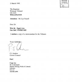 Wai 46_INQ_2.72_Letter - Enclosed cope of memorandum for the Tribunal 2 March 1995