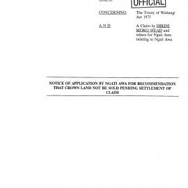 Wai 46_INQ_2.77_Notice of App by Ngati Awa for Recc that Crown Land Not Be Sold Pending Settlement of Claim