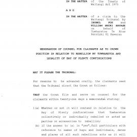 Wai 46_INQ_2.79_Memo of Counsel for Claimants as to Crown Position in Relation to Rebellion ny Tuwharetoa and legality of BOP Confiscations