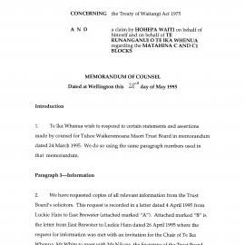 Wai 46_INQ_2.92_Memo of Counsel - Claim by Hohepa Waiti on behalf of himself and Te Runanganui o Te Ika Whenua RE Matahina Cand C1 Blocks