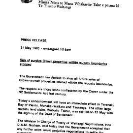 Wai 46_INQ_2.95_Press Release RE Sale of surplus Crown properties within Raupatu boundaries stopped