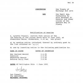 Wai 46_INQ_2.96_Notification of 7th hearing RE The NA, Tuwharetoa Atua Reretahi Ki Kawerau and other claims 1 June 1995