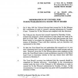 Wai 46_INQ_2.101_Memo of Counsel for Tuhoe-Waikaremoana M Trust Board 9 June 1995