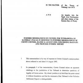 Wai 46_INQ_2.125_Memo of Counsel for Tuwharetoa ki Kawerau in response to further memo of Crown counsel dated 14 Aug 1995 RE Raupatu
