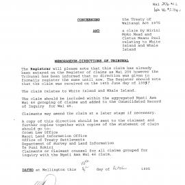 Wai 46_INQ_2.134_Memo Directions of Tribunal claim by H.Mead & C.M.Paul RE White Island and Whale Island