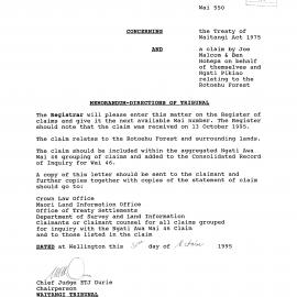 Wai 46_INQ_2.140_Memo - Directions of Tribunal RE Claim by J.Malcom & B.Hohepa on behalf of themselves and Ngati Pikiao re Rotoehu Forest