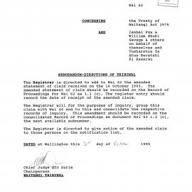 Wai 46_INQ_2.141_Memo - Directions of Tribunal RE add to Wai 46 the ammended statement of claim recieved 16 Oct 1995