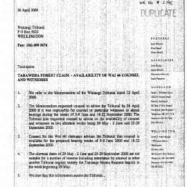 Wai 46_INQ_2.195_Letter Tarawera Forest Claim - Availability of Wai 46 Counsel & Witnesses