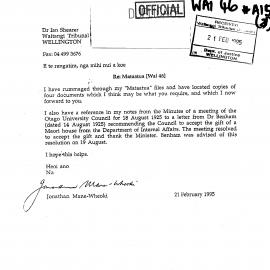 Wai 46_INQ_A015 (a)_Letter RE Mataatua Whare - 21 February 1995