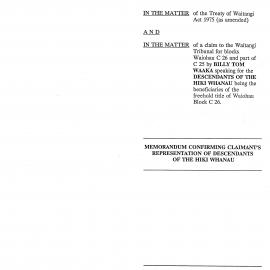 Wai 46_INQ_D001 (a)_Memo Confirming Claimants Representation of Descendants of The Hiki Whanau