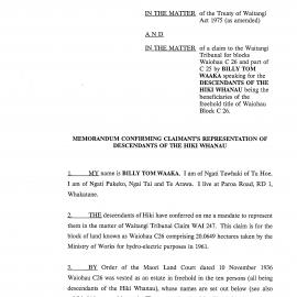 Wai 46_INQ_D006 (a)_Memo Confirming Claimants Representation of Descendants of The Hiki Whanau