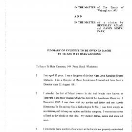 Wai 46_INQ_M034_Summary of Evidence to be Given in Maori by Te Rau o Te Huia Cameron RE Wai 411