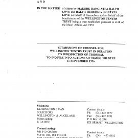 Wai 46_INQ_M081_Submissions of Counsel for Wellington Tenths Trust in Relation to Jurisdiction of Tribunal - 11 September 1996
